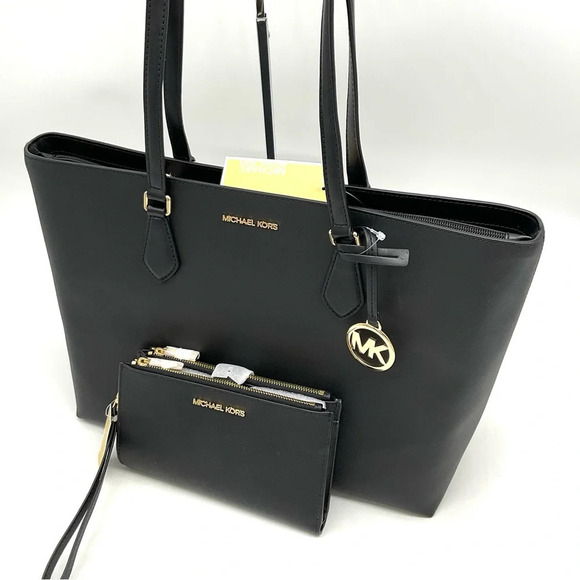 Michael Kors Bag Large Sheila Mf Tote Bag & Large Double Zip Wallet Black/Gold - Picture 6 of 10